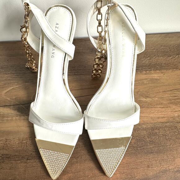 Azalea Wang Slow Motion Stiletto Sz 6.5 White Gold Chain Sandal Heels - Picture 8 of 9